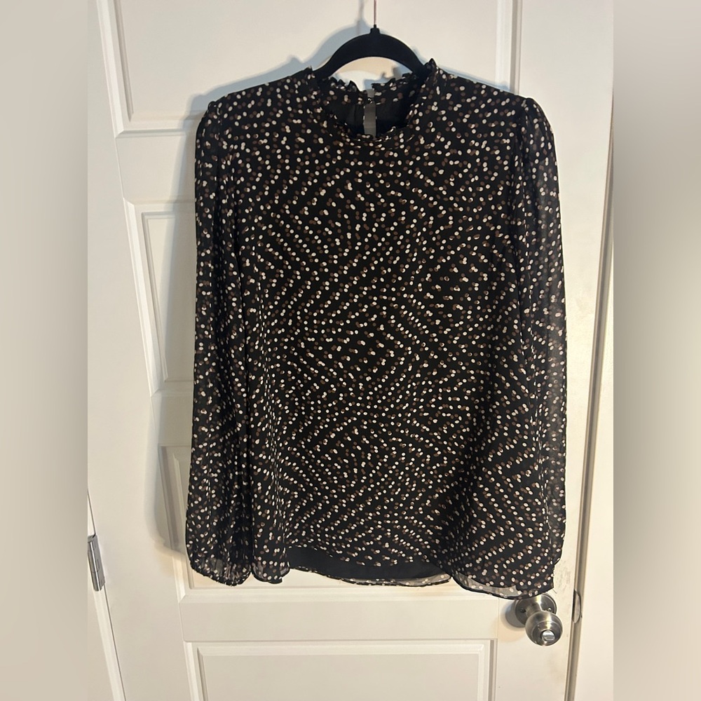 Ever New black long sleeve dress shirt with sheer over lay of cream/brown poka